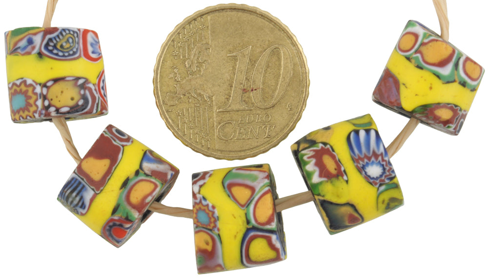 Rare Yellow Banded Millefiori Mosaic Glass Trade Beads, 12-13Mm - alternate view