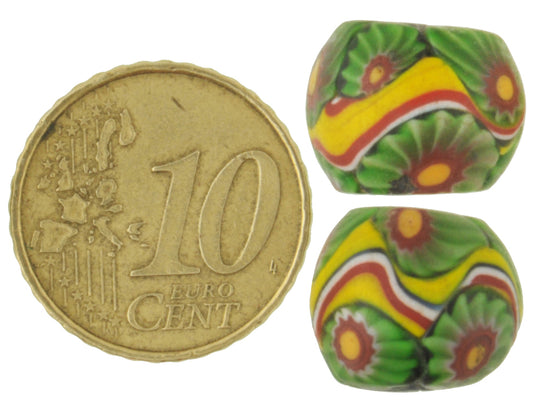 Rare Antique Banded Millefiori Mosaic Glass Trade Beads, 14X11Mm Pair - alternate view