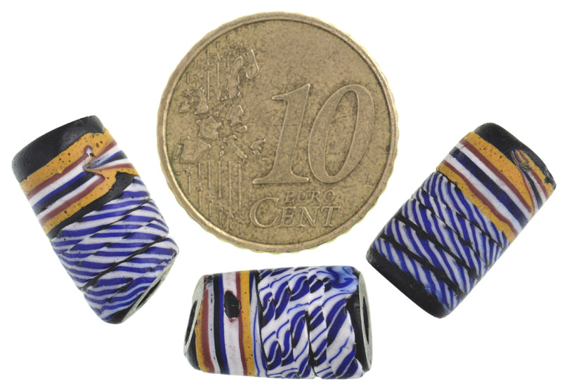 Rare Antique Venetian Banded Fancy Wound Glass Trade Beads - 14-15Mm - close-up