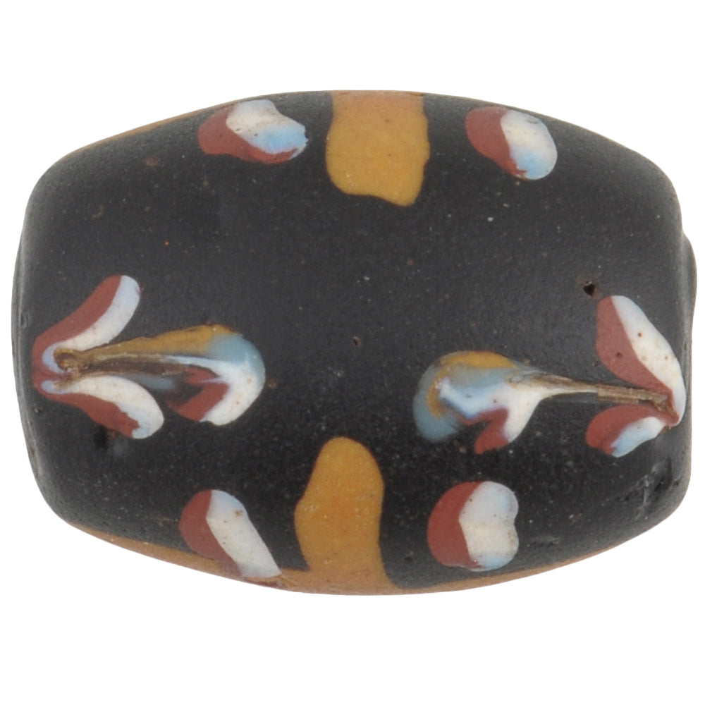 Rare Antique Black Floral Venetian Wound Glass Trade Bead - 16X12Mm