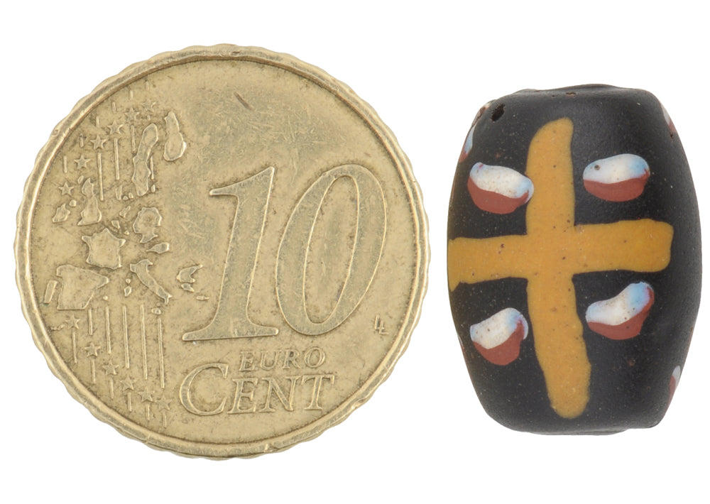 Rare Antique Black Floral Venetian Wound Glass Trade Bead - 16X12Mm - close-up