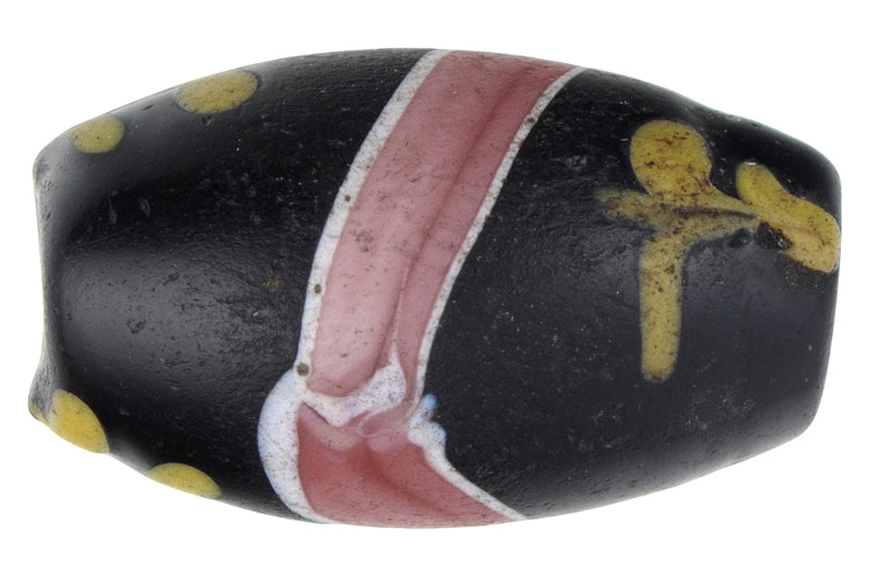 Antique Black Floral Venetian Glass Trade Bead - Wound Lampwork Bead - close-up
