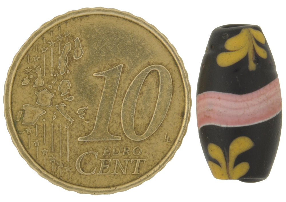 Rare Old Black Floral Venetian Lampwork Glass Trade Bead, 16X9Mm - close-up