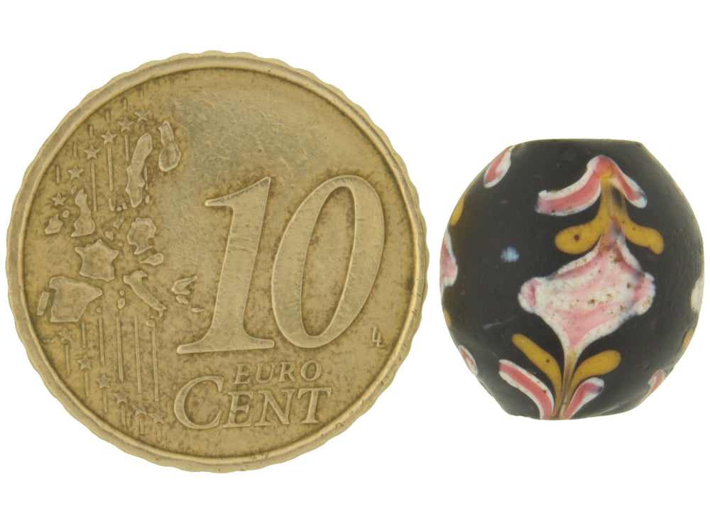 Antique Black Floral Venetian Lampwork Glass Trade Bead, 13X12Mm, African Trade - close-up