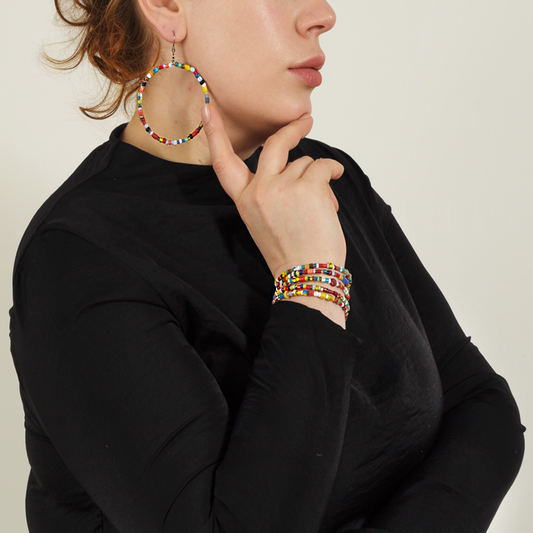 Old African "Christmas" Glass Trade Beads Bracelet And Earrings Memory Wire Boho - alternate view