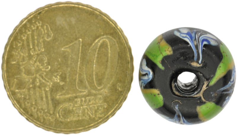 Rare Antique Black Fancy Venetian Lampwork Glass Trade Bead - 14X10Mm - zoomed-in detail