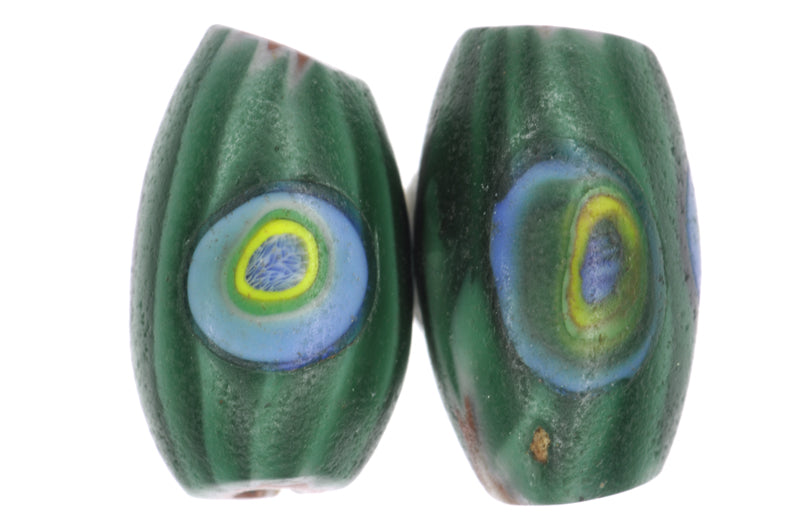 Rare 4-Layer Venetian Chevron Beads With Murrine - Antique Pair - close-up