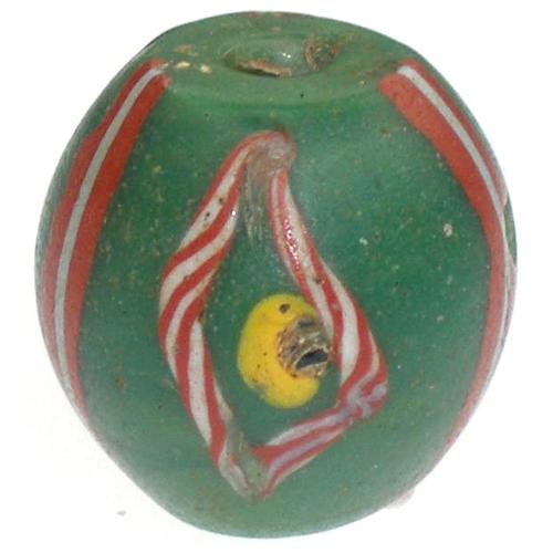 Rare Green "Fancy" Venetian Wound Glass African Trade Bead, 14X13Mm - alternate view
