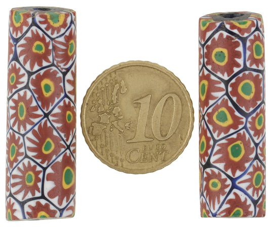 Antique Large Millefiori Venetian Mosaic Glass Trade Beads Pair - zoomed-in detail