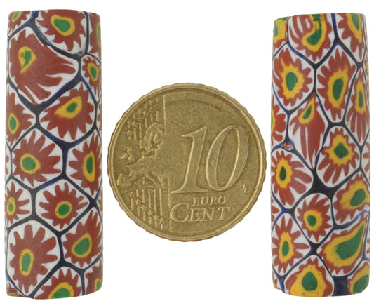 Antique Large Venetian Millefiori Mosaic Glass Trade Beads Pair - African Trade - alternate view