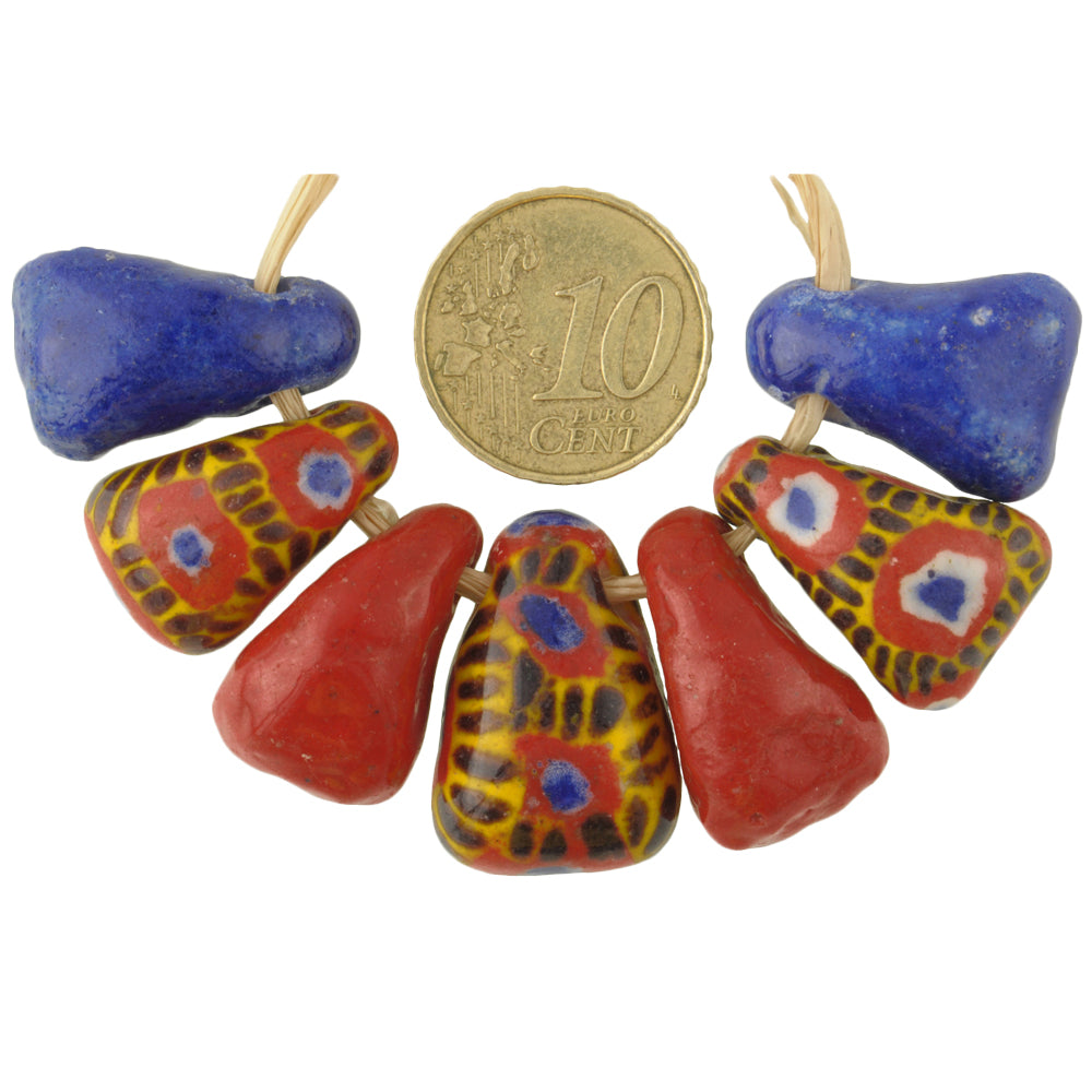 Rare Large Kiffa Glass Beads - 3 Polychrome, 2 Red, 2 Blue 21-24Mm