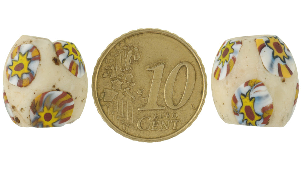 Rare Large Oval Antique Venetian Millefiori Mosaic Glass Trade Beads - 14X15Mm - close-up