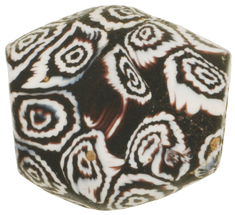 Rare Antique Black Tabular Millefiori Venetian Mosaic Glass Trade Bead 19X17X8Mm - close-up