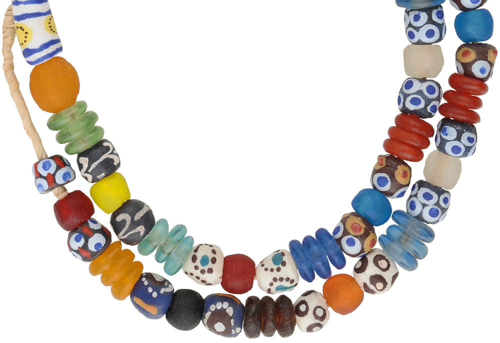 Krobo Glass Beads Strand - Recycled Fancy African Trade Beads - close-up