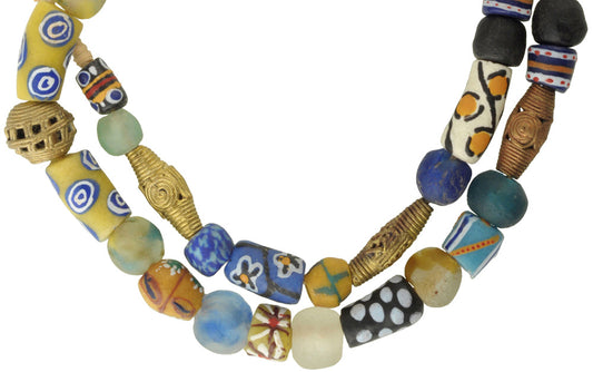 Mixed Krobo Glass And Brass Beads - Recycled African Trade Beads - angled shot