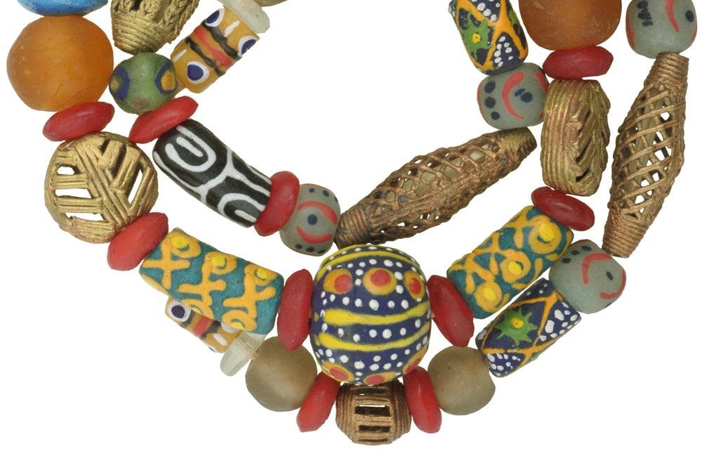 Mixed Krobo Glass And Brass African Trade Beads Strand 27.5" - close-up