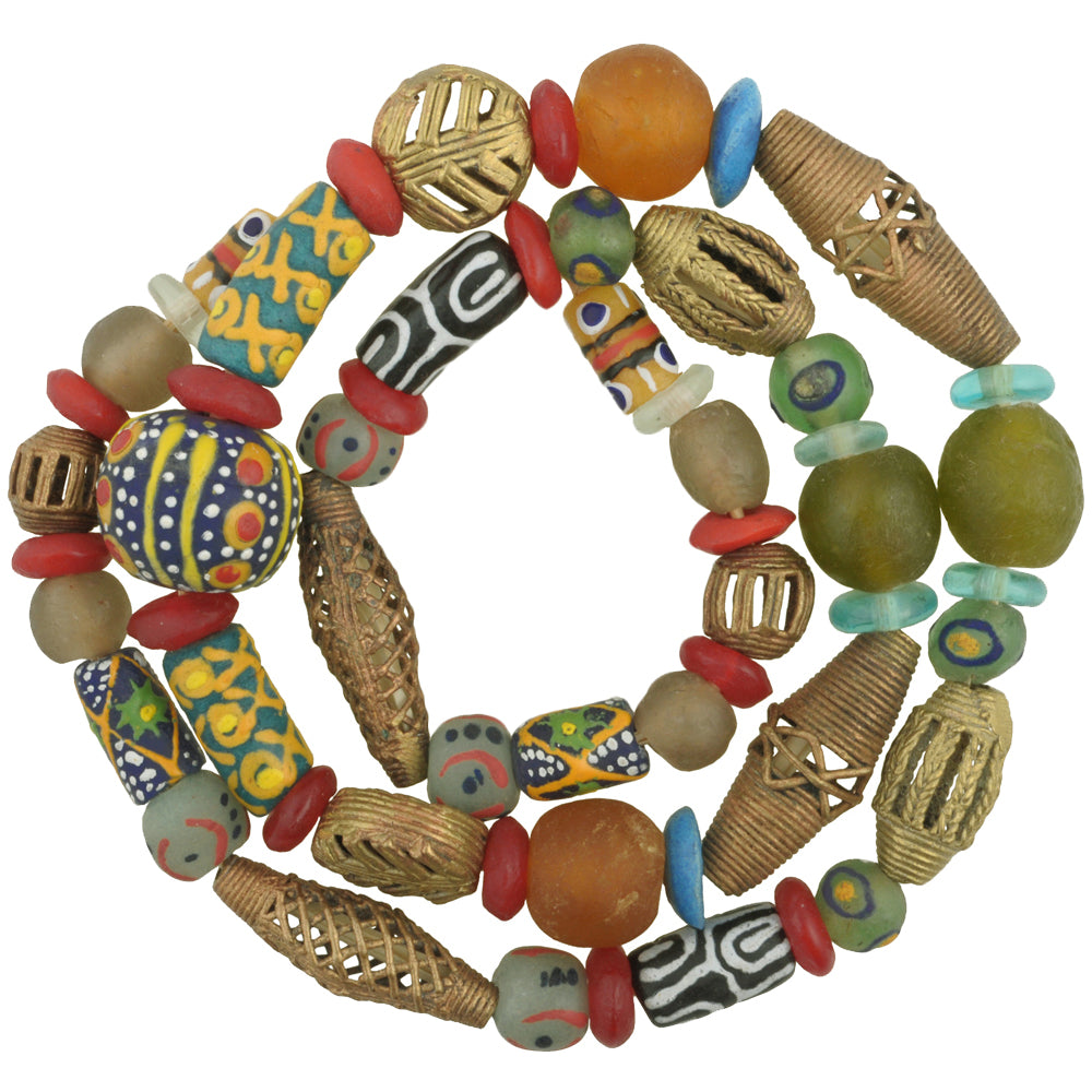 Mixed Krobo Glass And Brass African Trade Beads Strand 27.5"