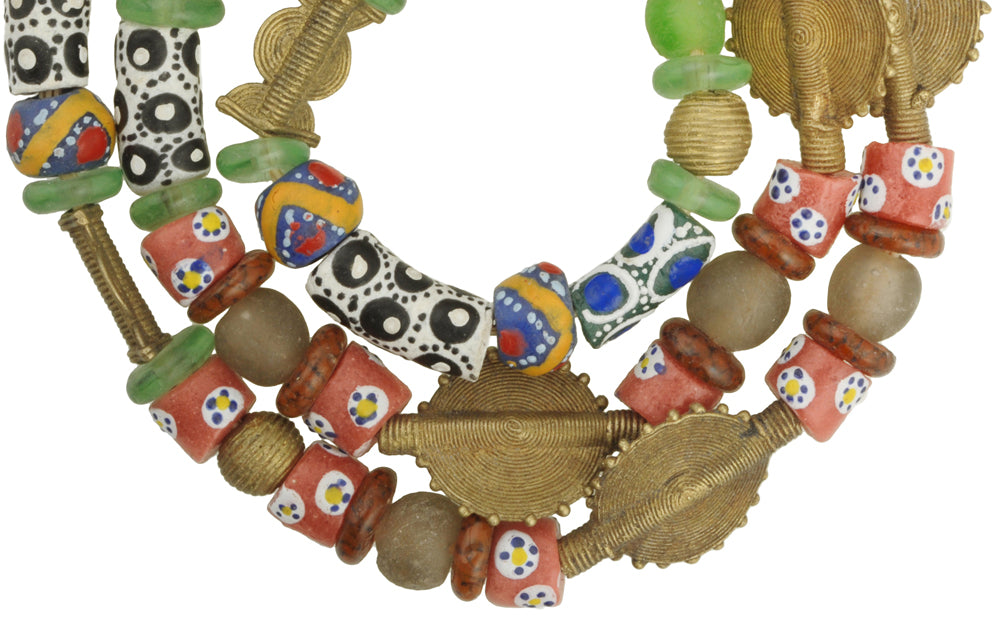 African Trade Beads: Mixed Krobo Glass & Brass Beads From Ghana - close-up