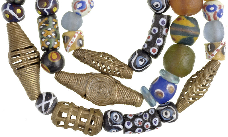 Mixed Krobo Glass & Brass Beads - Ghana African Trade Strand - close-up