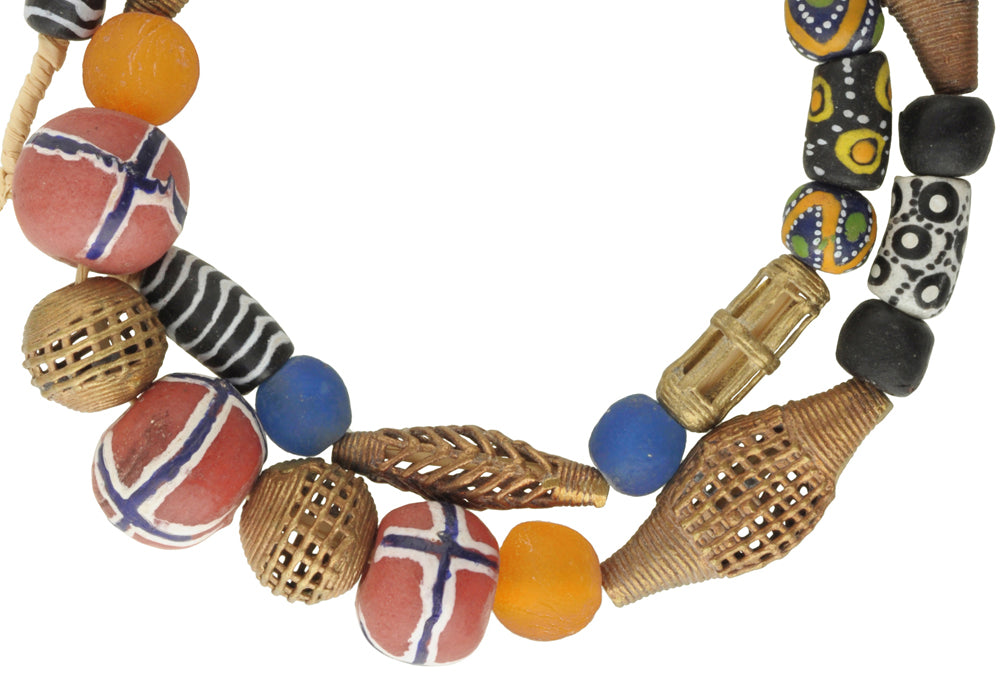 Krobo Glass & Brass Beads Strand - African Trade Beads 10-22Mm - close-up