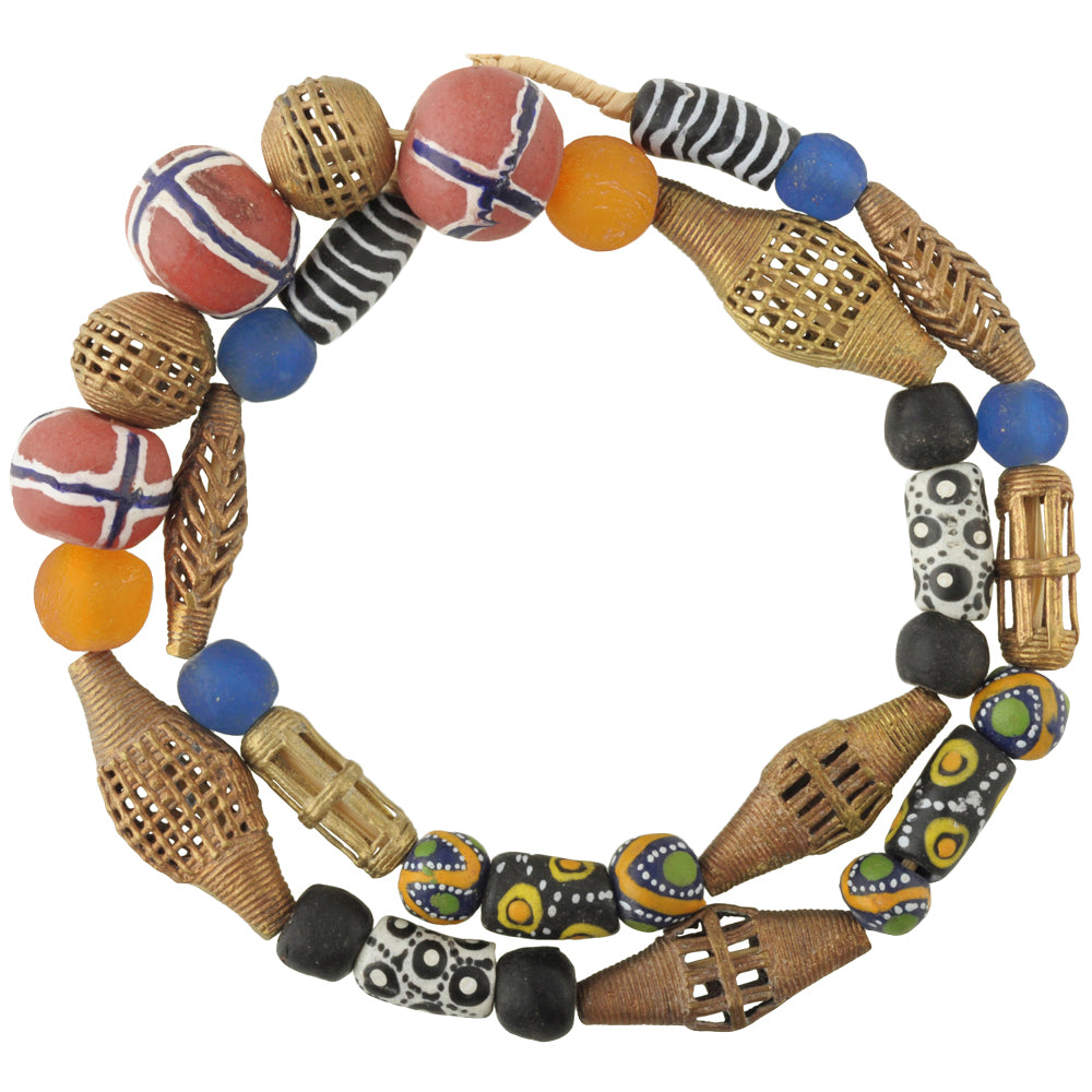 Krobo Glass & Brass Beads Strand - African Trade Beads 10-22Mm