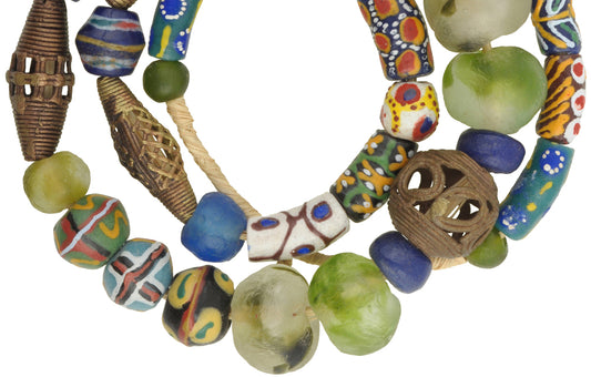 Krobo Glass & Lost Wax Brass Beads - Recycled African Trade Strand - alternate view