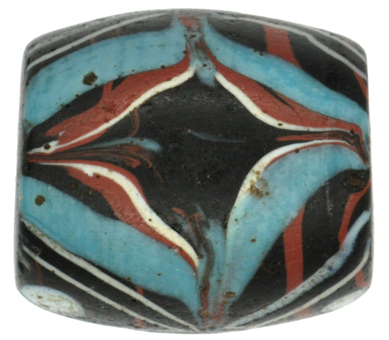 Rare Antique Black Fancy Venetian Lampwork Bead With Trail Decoration - zoomed-in detail