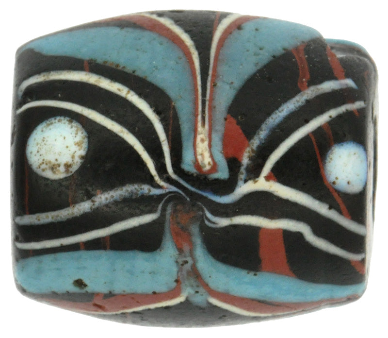 Rare Antique Black Fancy Venetian Lampwork Bead With Trail Decoration - close-up