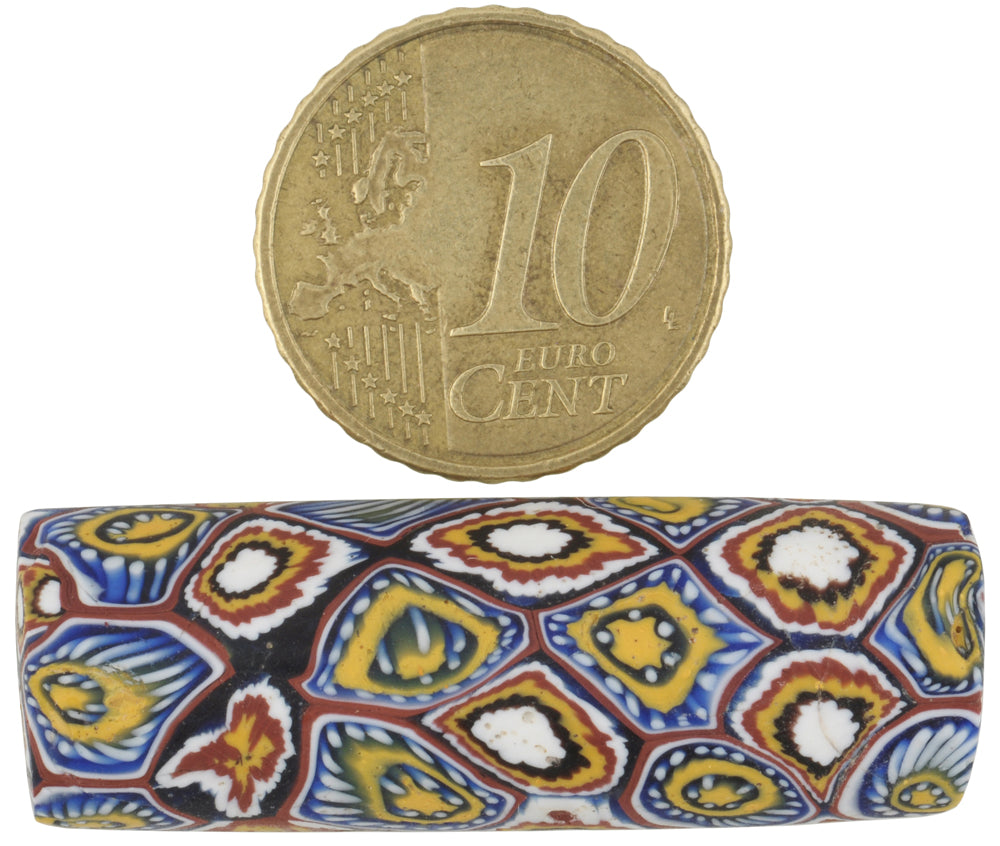 Rare Large Antique Millefiori Venetian Glass Trade Bead, 39X13Mm - close-up