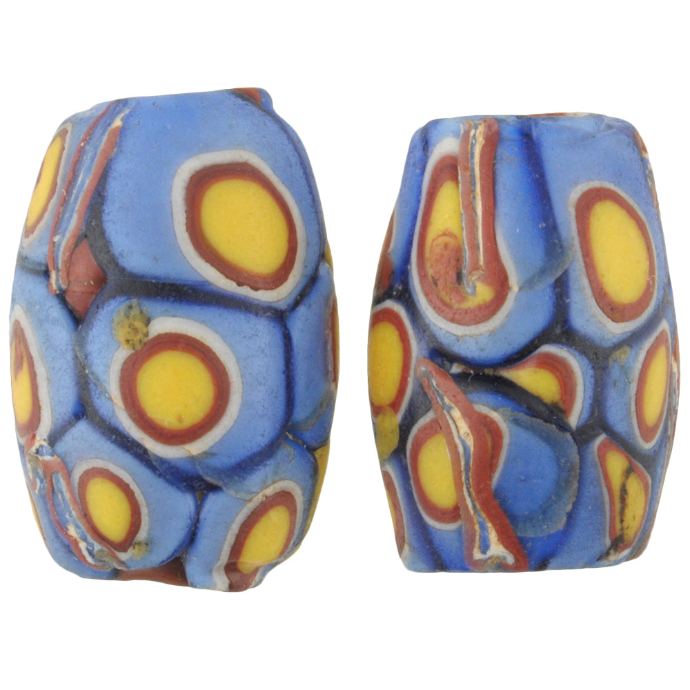 Rare Antique Large Oval Millefiori Mosaic Beads With Trail Design - African Trade Beads