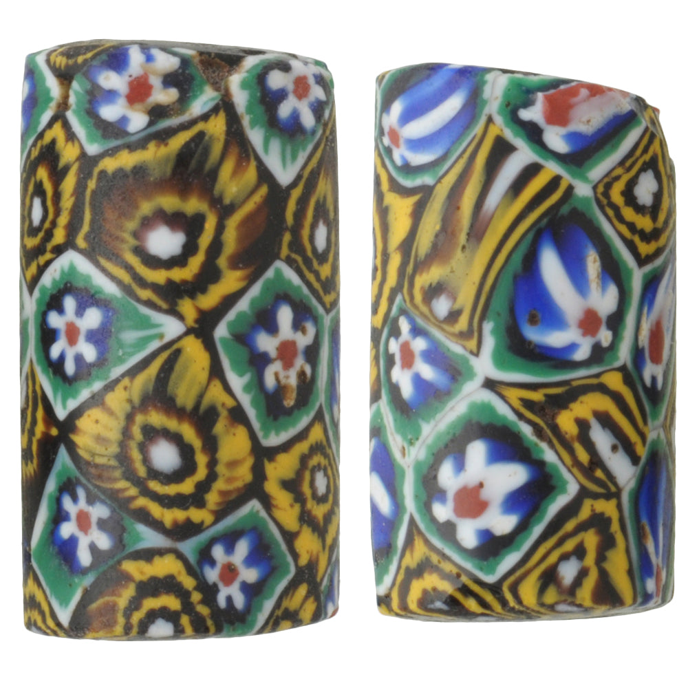 Rare Antique Large Venetian Millefiori Mosaic Glass Trade Beads Pair