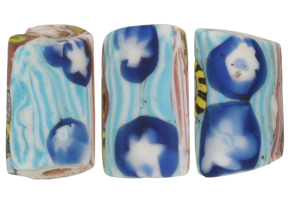 Antique Venetian Millefiori Mosaic Glass Trade Beads, 17Mm, Rare Trio - close-up