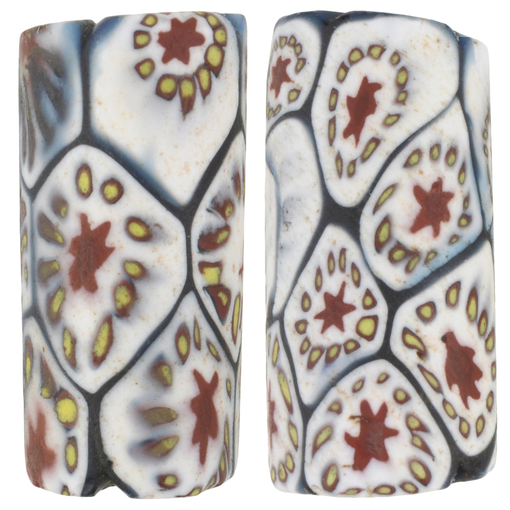 Antique Venetian Millefiori Mosaic Glass Trade Beads Pair, 22X10Mm