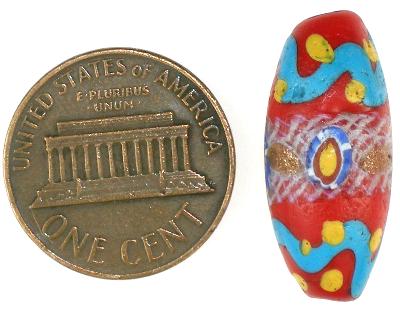 Antique Red Fancy Venetian Lampwork Glass Trade Bead, 18X10Mm - close-up