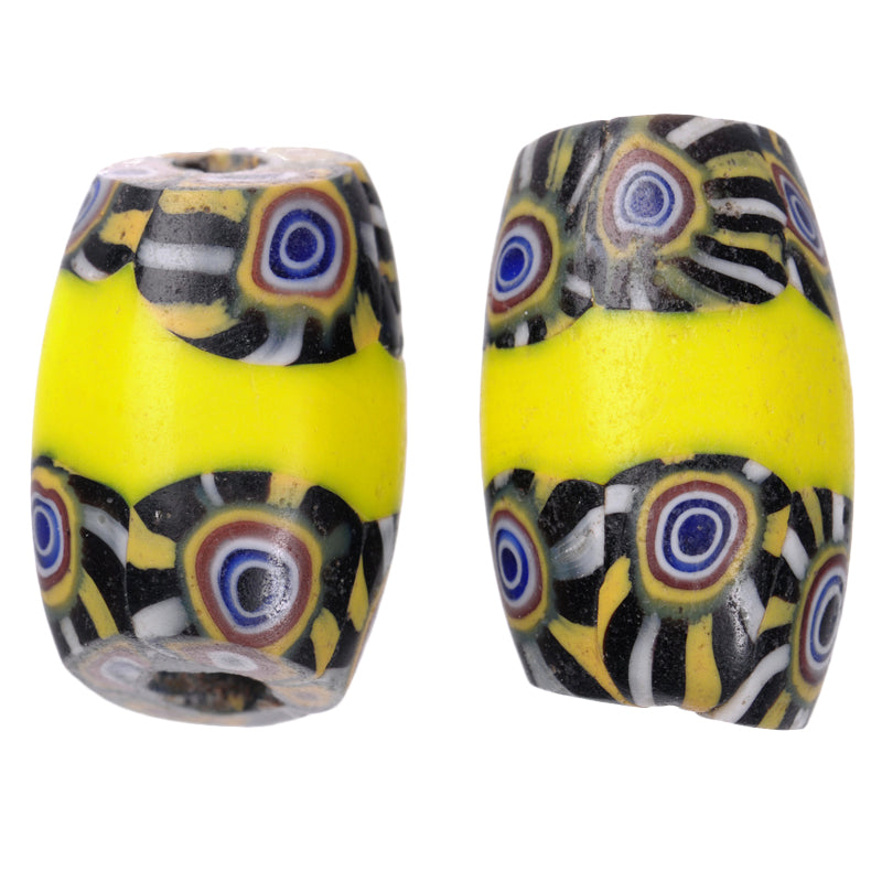 Rare Antique Banded Oval Venetian Millefiori Glass Trade Beads, 15X9Mm