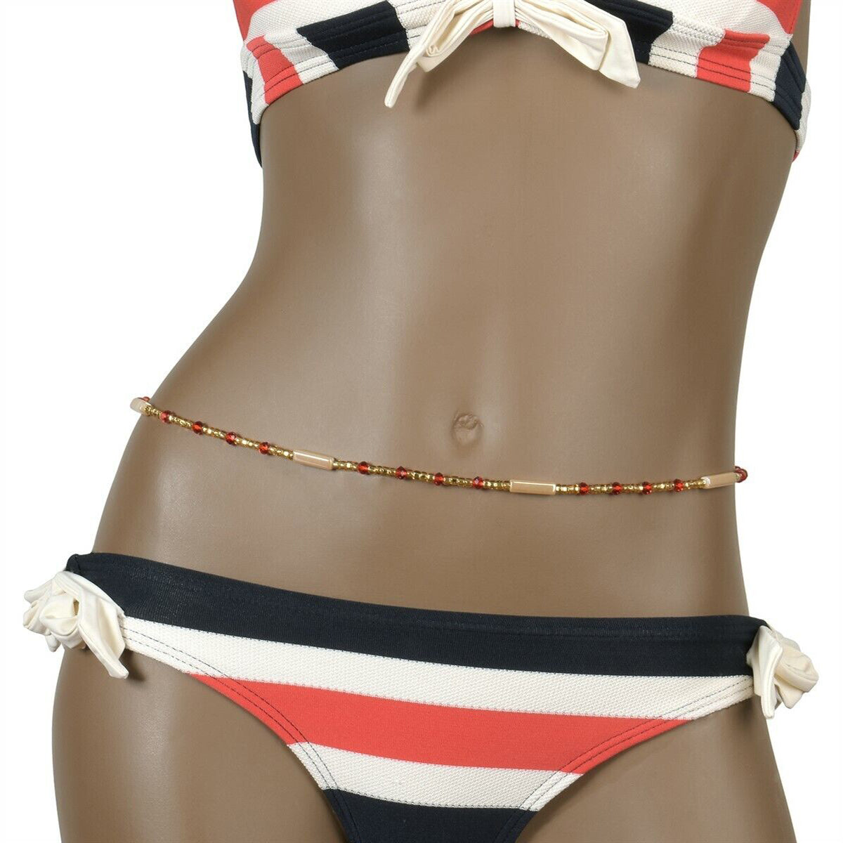 Gold & Red African Waist Beads – Handmade Body Beaded Jewelry - angled shot