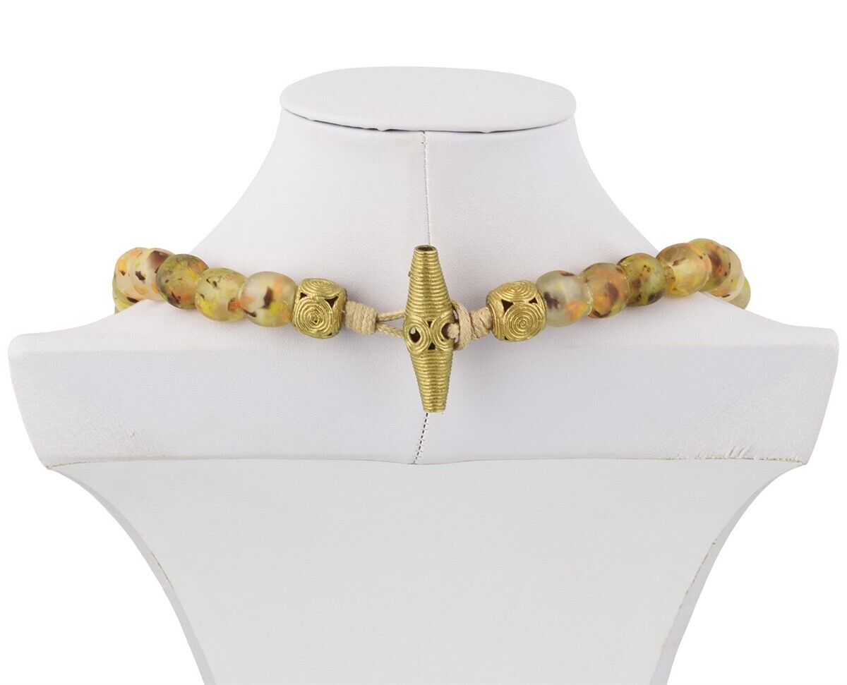 Handmade Necklace Brass With Glass Beads African Jewelry Krobo Ghana - zoomed-in detail