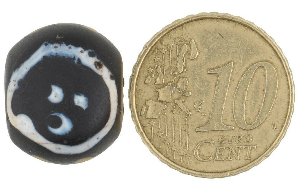 Rare Old Venetian Glass Bead Baule Face Bead Black Fancy Lampwork African Trade - zoomed-in detail