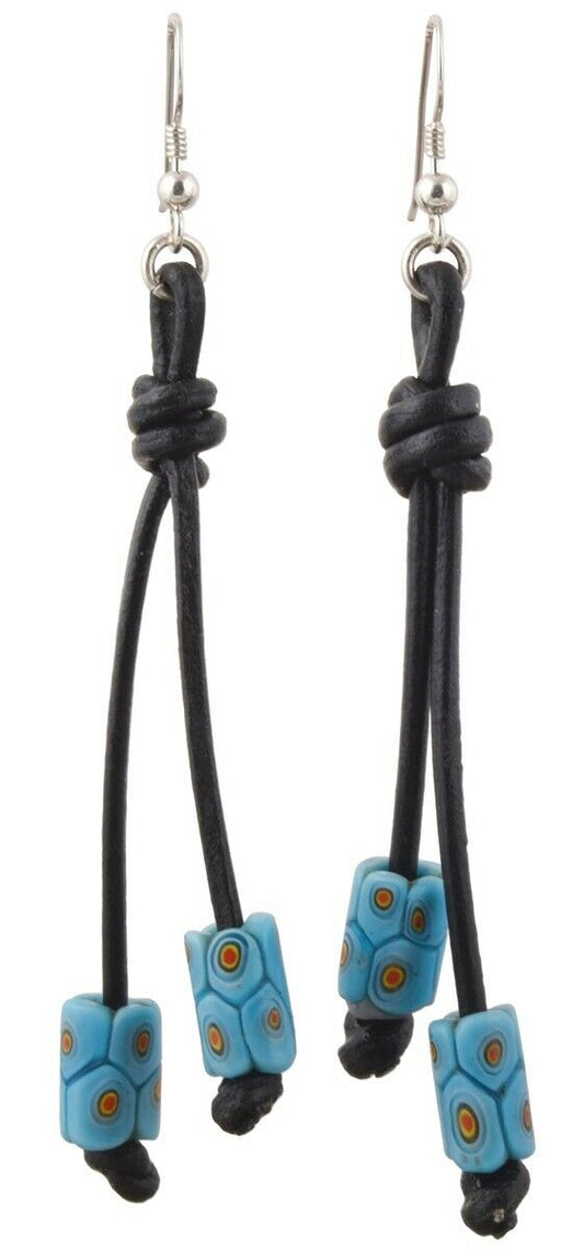 African Trade Beads Antique Millefiori Earrings 925 Sterling Silver Leather Boho - alternate view