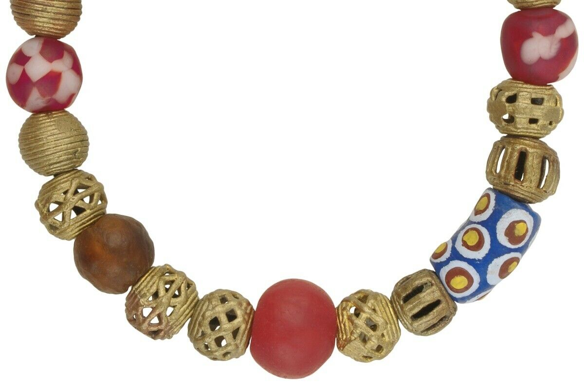 Handmade Beaded Bracelet - African Glass & Brass Beads - close-up