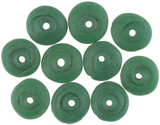 Antique Venetian Green Disk Glass Trade Beads - 14-15Mm - alternate view