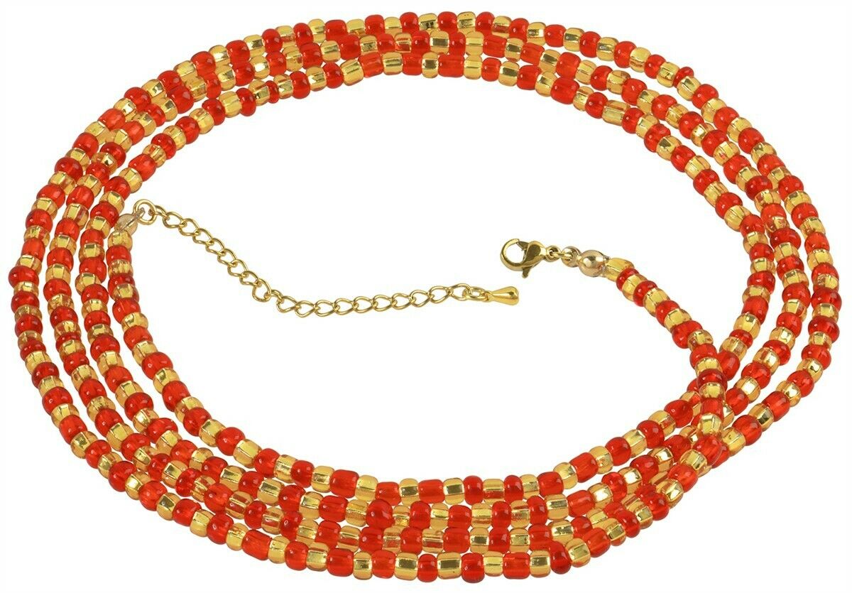 Extension Chain Red & Gold African Waist Beads – Handmade Beaded Waist Jewelry
