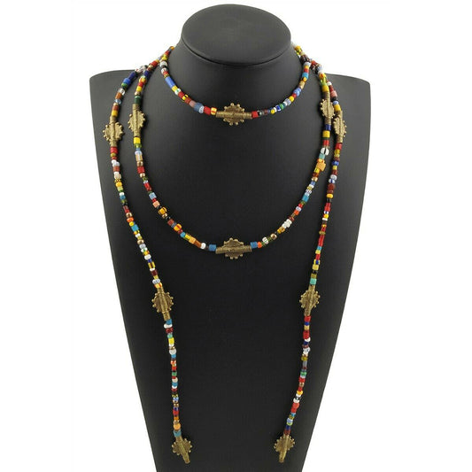 Old Christmas Glass Seed Beads Lariat Necklace African Brass Handmade Jewelry - alternate view