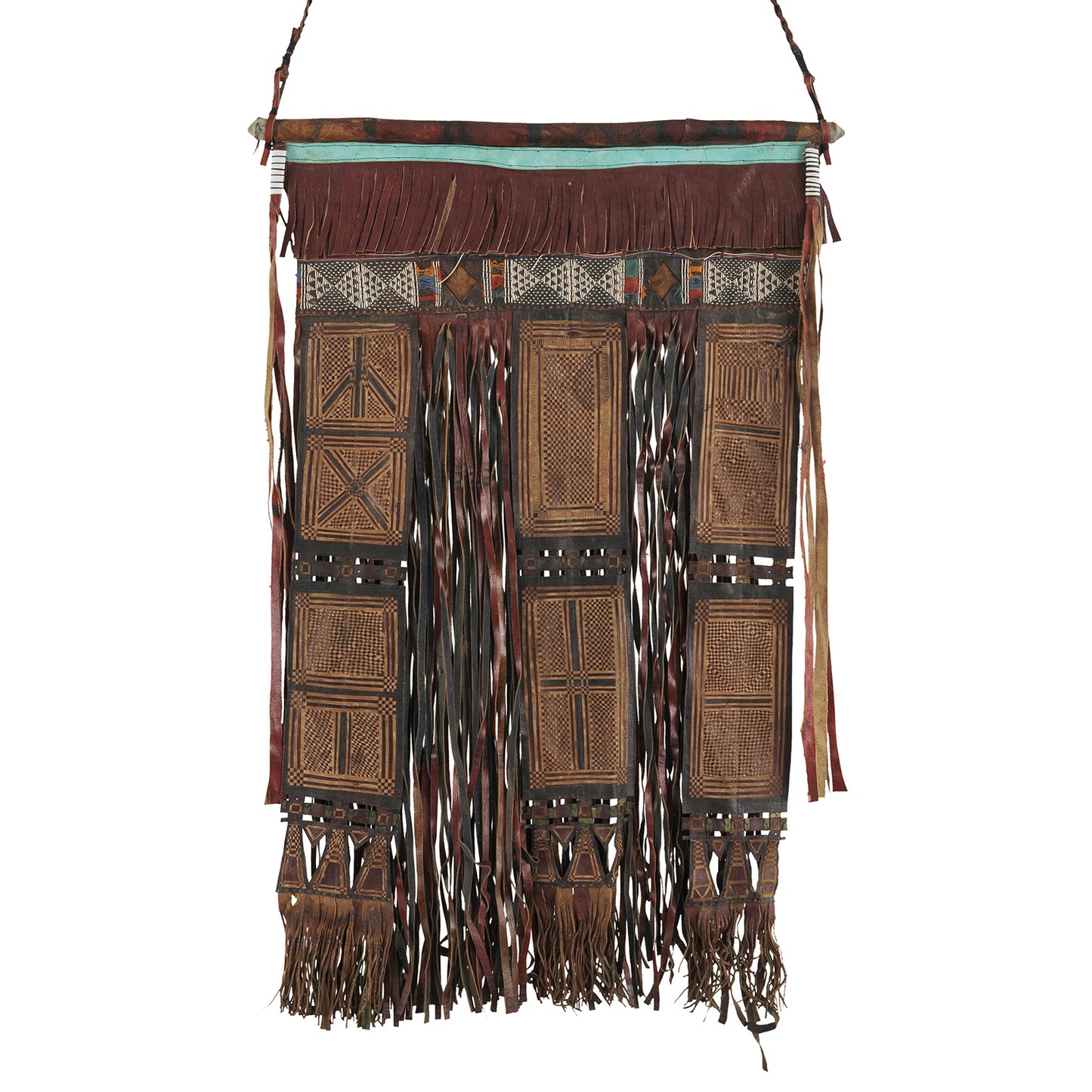 Authentic Tuareg Leather Wall Panel – Sahara Geometric Fringe Art