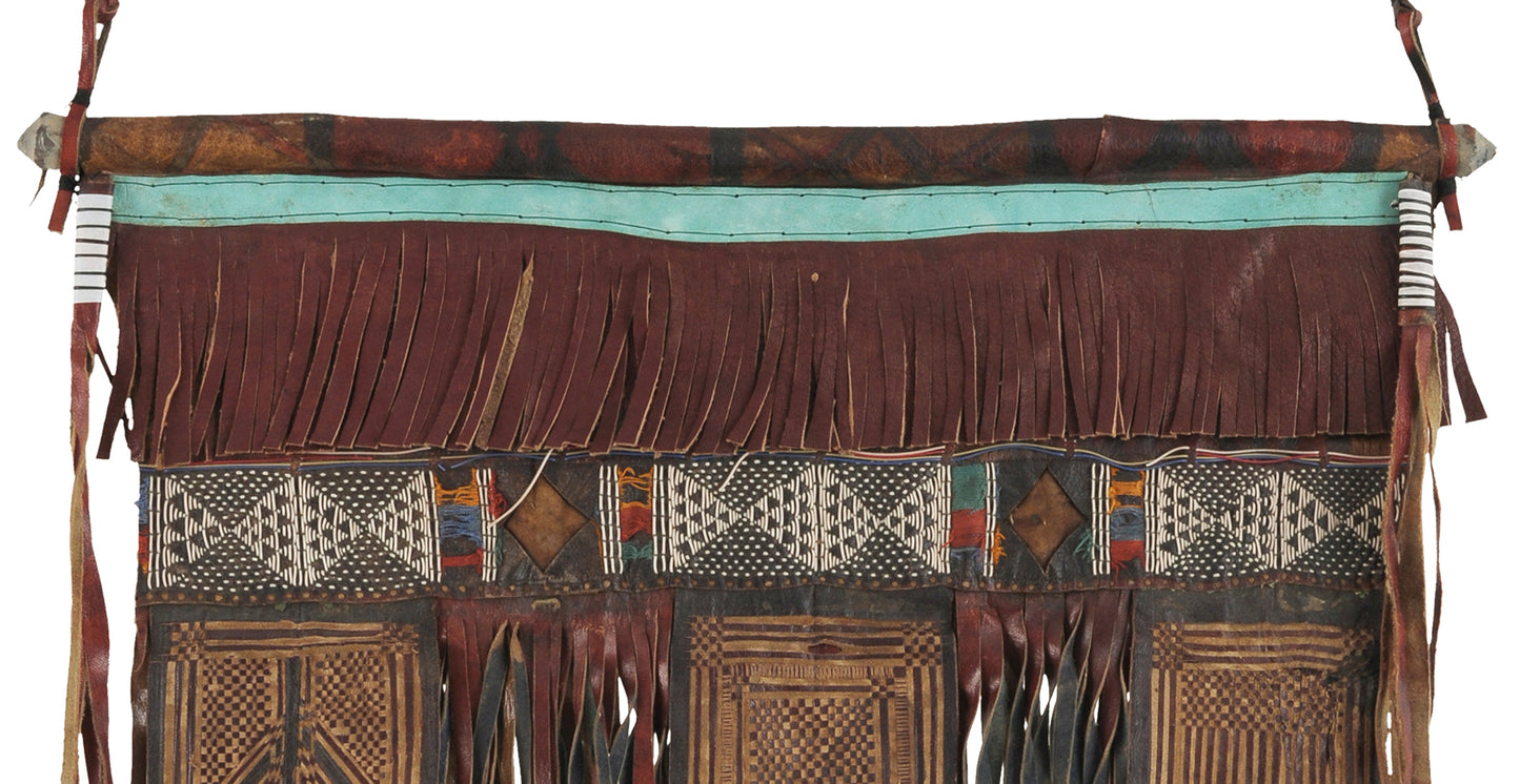 Authentic Tuareg Leather Wall Panel – Sahara Geometric Fringe Art