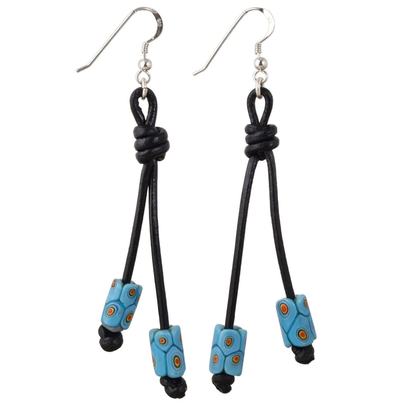 African Trade Beads Antique Millefiori Earrings 925 Sterling Silver Leather Boho
