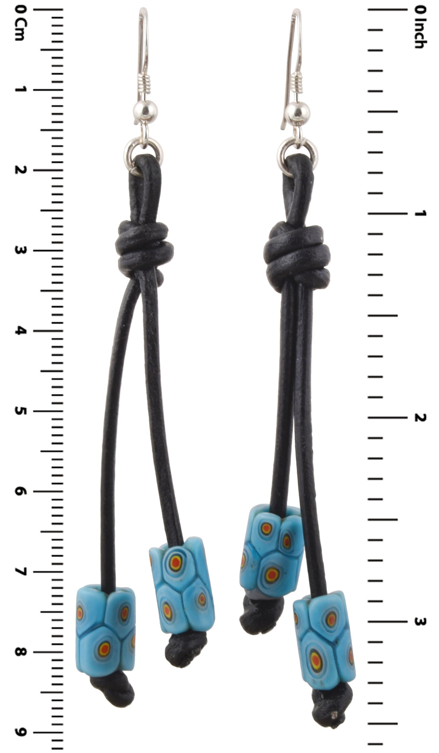 African Trade Beads Antique Millefiori Earrings 925 Sterling Silver Leather Boho - close-up
