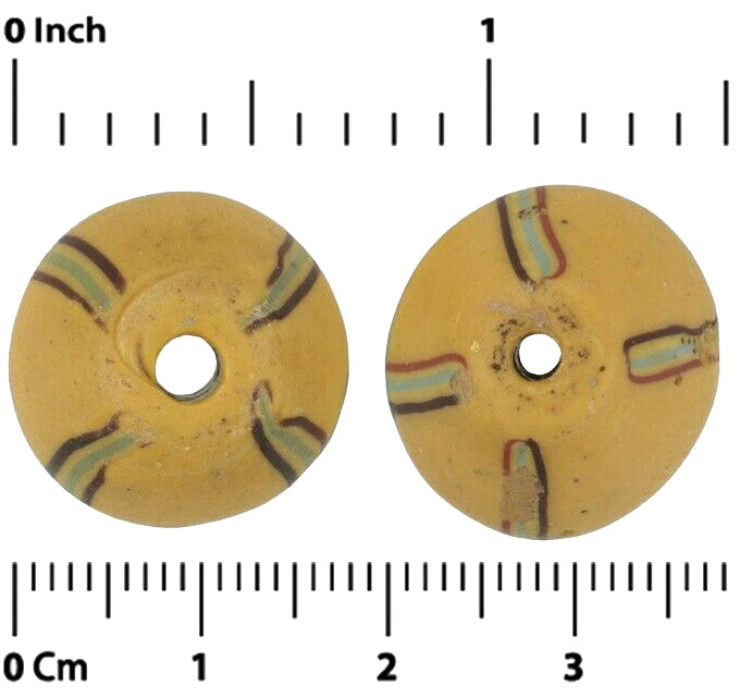 Antique Yellow Bicone African Trade Lampwork Beads With Trail Decor - close-up