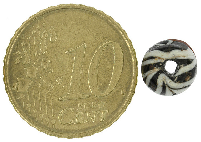 Antique Islamic Black, White & Red Folded Glass Trade Bead - Fustat - close-up