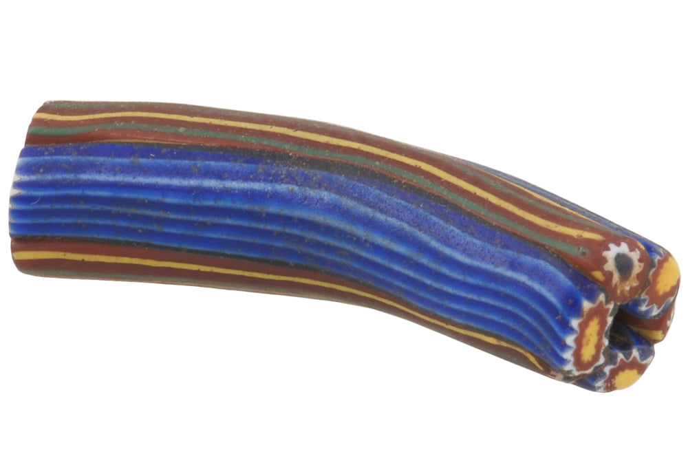 Rare Antique Venetian Elbow Millefiori Mosaic Glass Trade Bead, 37X10Mm - close-up